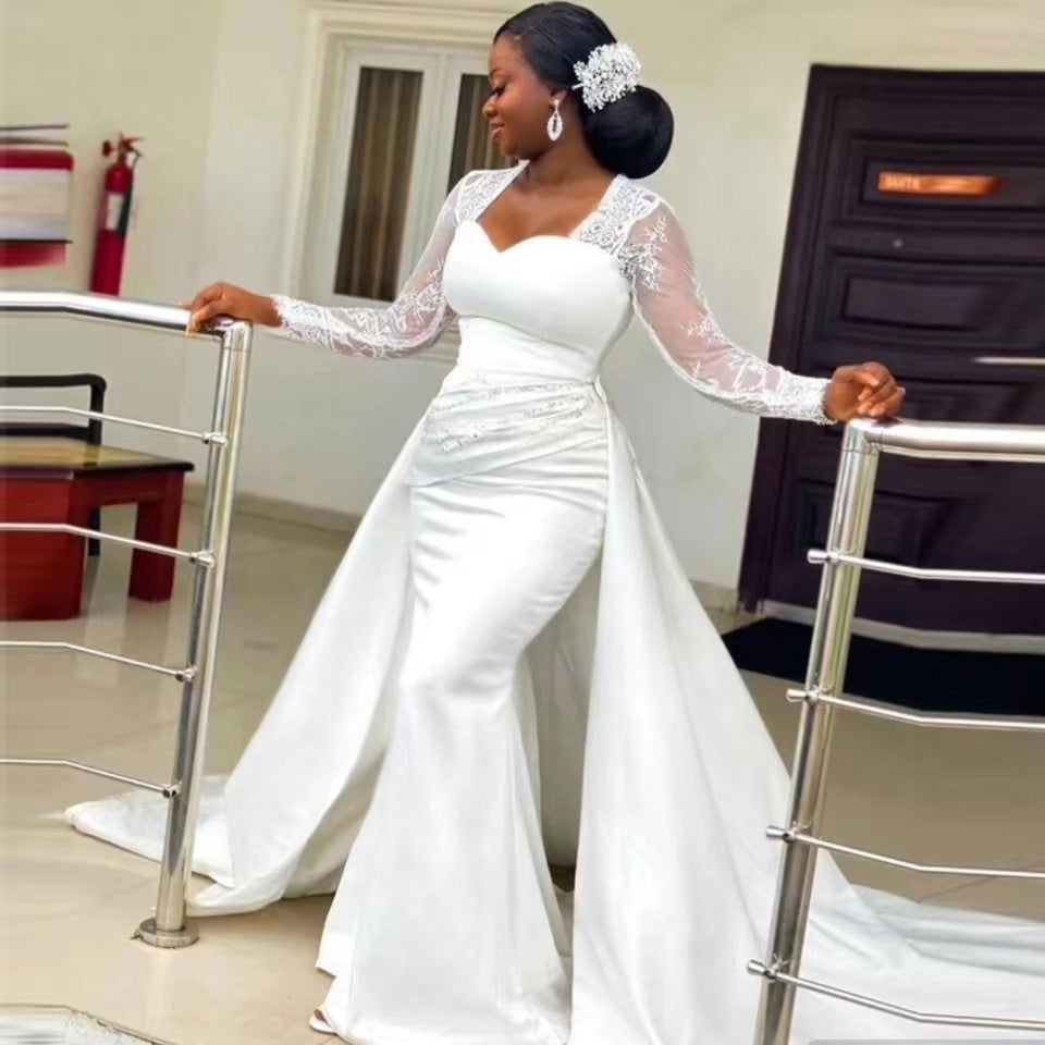 Elegant slim high waist white satin wedding dress with a sleek silhouette, ideal for bridal parties and wedding ceremonies.

