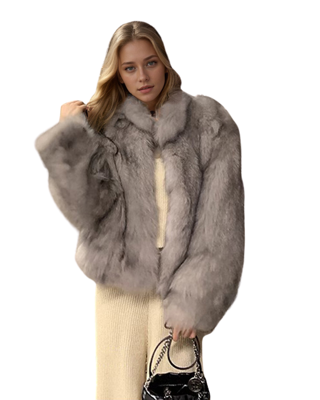 A woman modeling a plush, voluminous light gray fur jacket over a cream-colored knit dress, holding a black handbag with a silver chain strap against a plain white background.