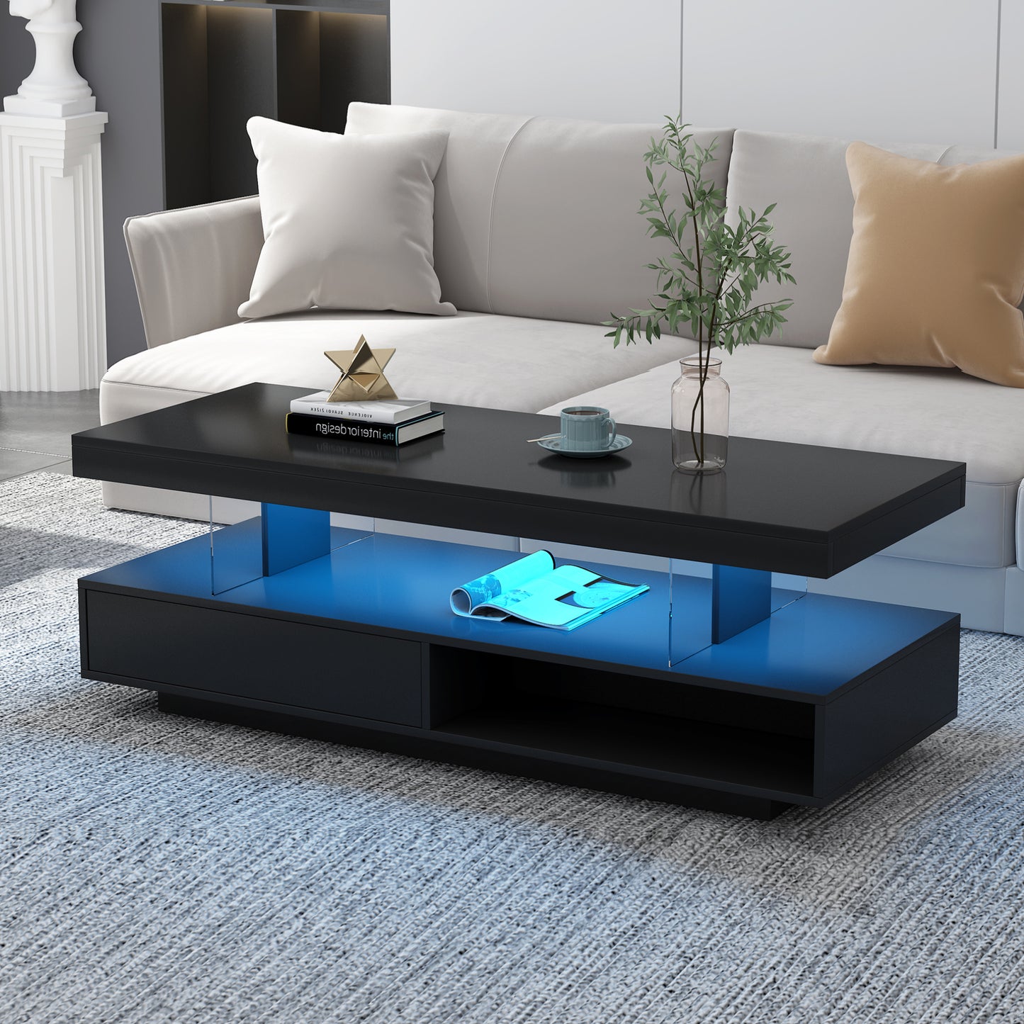 U-Can black LED coffee table with drawers and display shelf