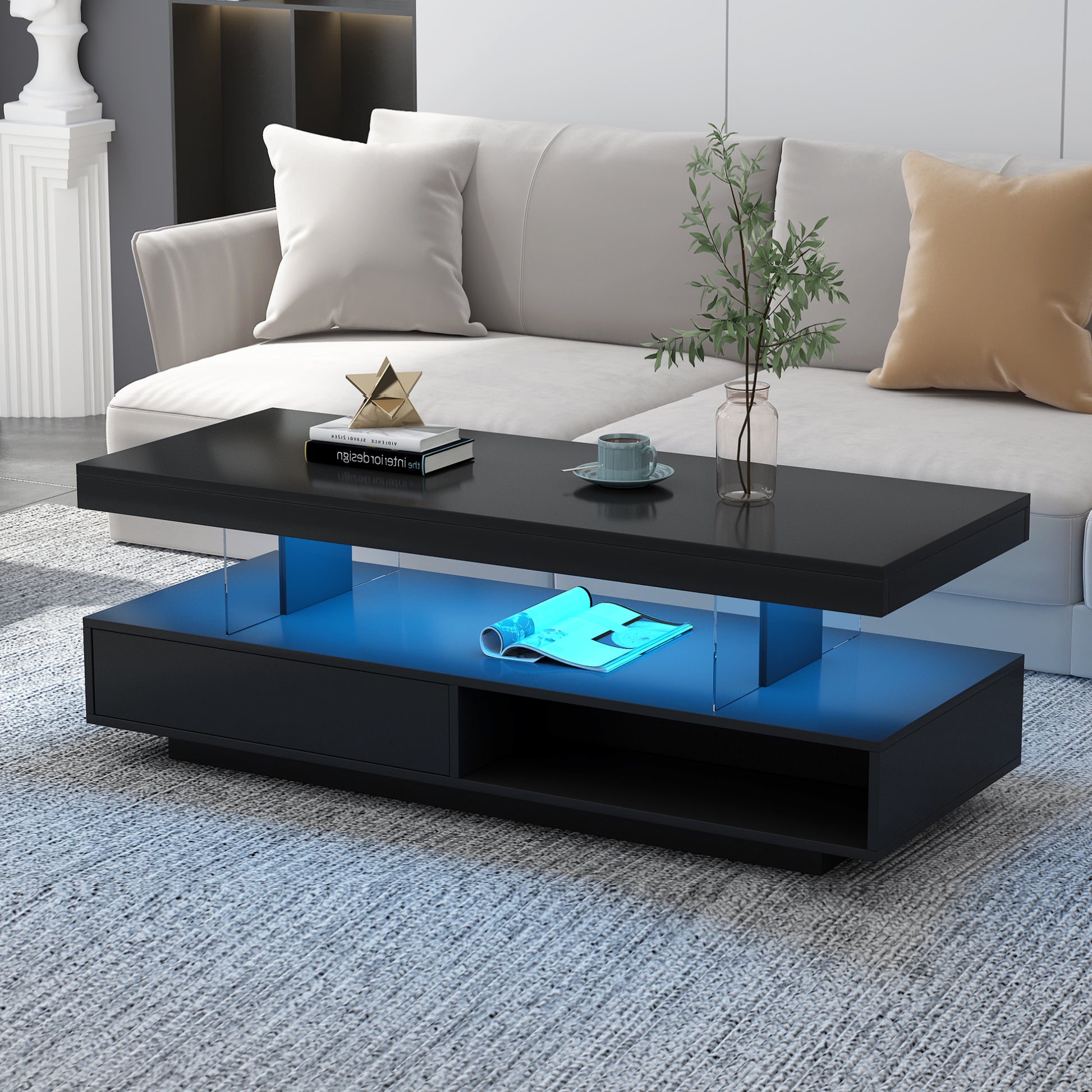 U-Can black LED coffee table with drawers and display shelf