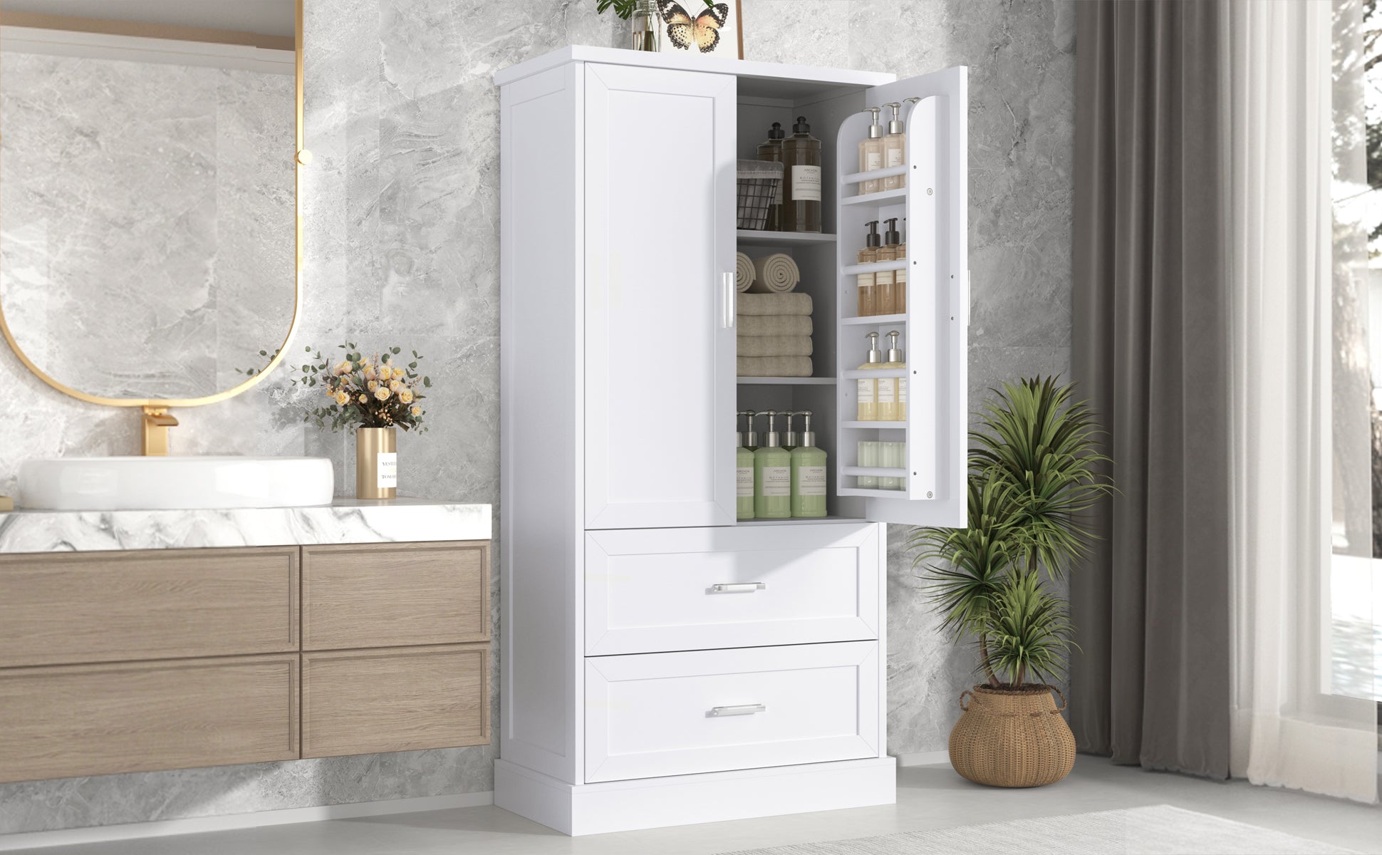 Tall white bathroom cabinet with drawers and double doors