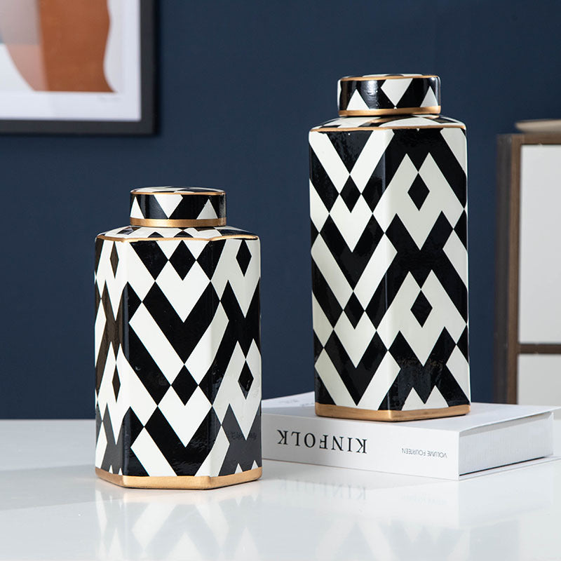Geometric Black & White Striped Ceramic Storage Jar