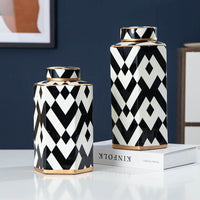 Geometric Black & White Striped Ceramic Storage Jar Hot Deal Warehouse