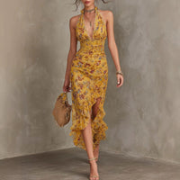 French Vintage Yellow Floral Halter Neck Dress Deep V Waist-Cinching Split Ruffle Slimming Elegant Dress Hot Deal Warehouse