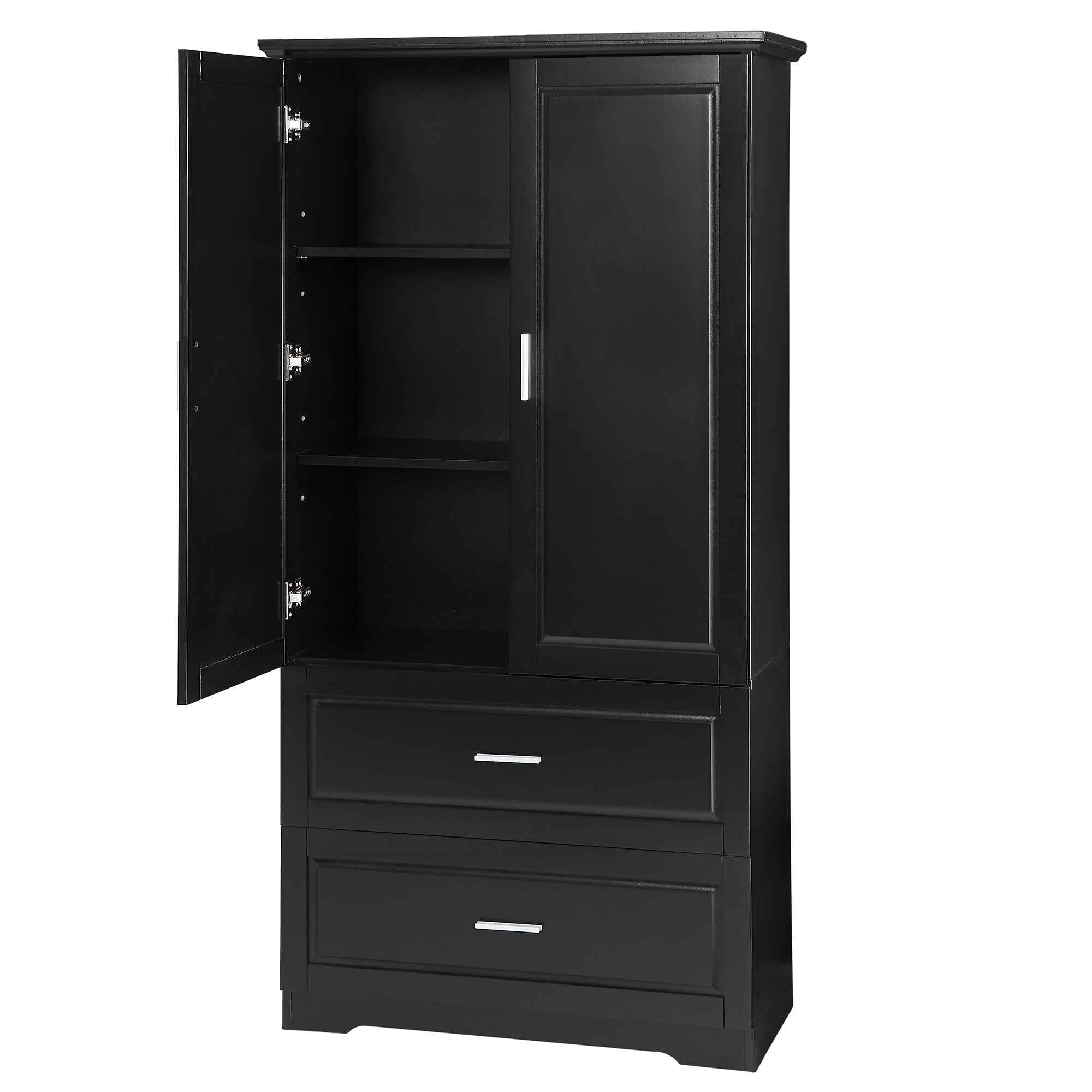 Black MDF tall bathroom storage cabinet with two doors and drawers