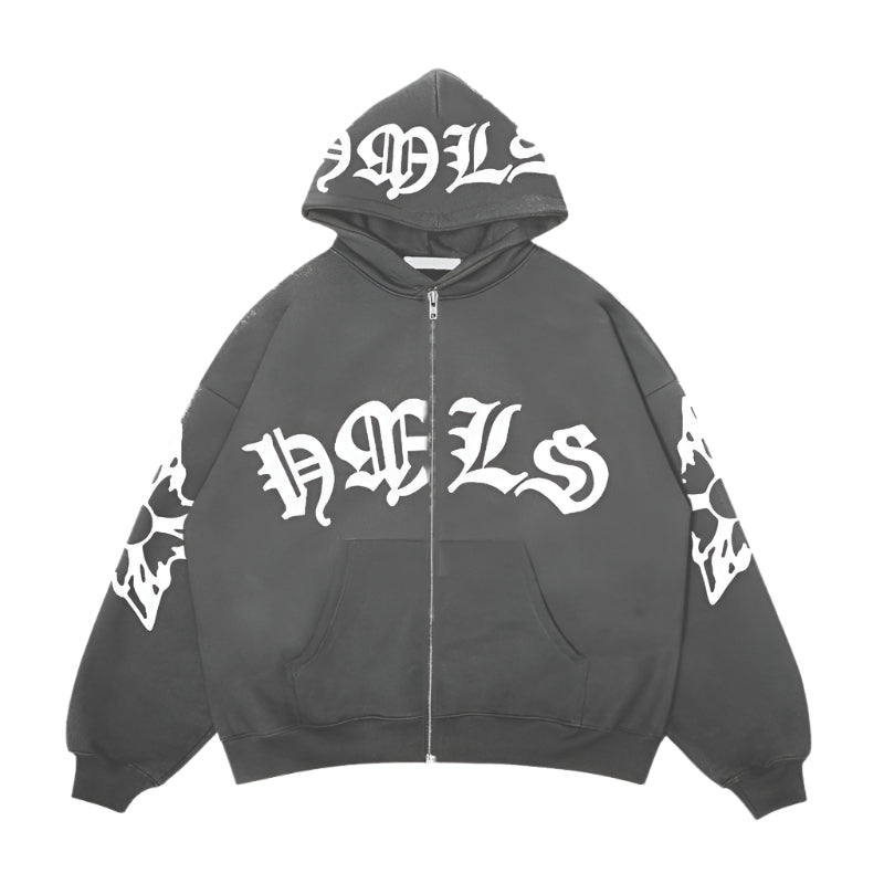 Oversized unisex hoodie with Gothic letter print and zipper – streetwear fashion for men and women.

