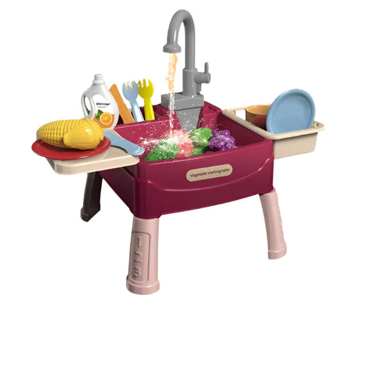 Children's dishwasher toy with automatic water outlet and play dishes in a kitchen play set.








