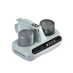 Cordless handheld mattress vacuum being used on a white bed