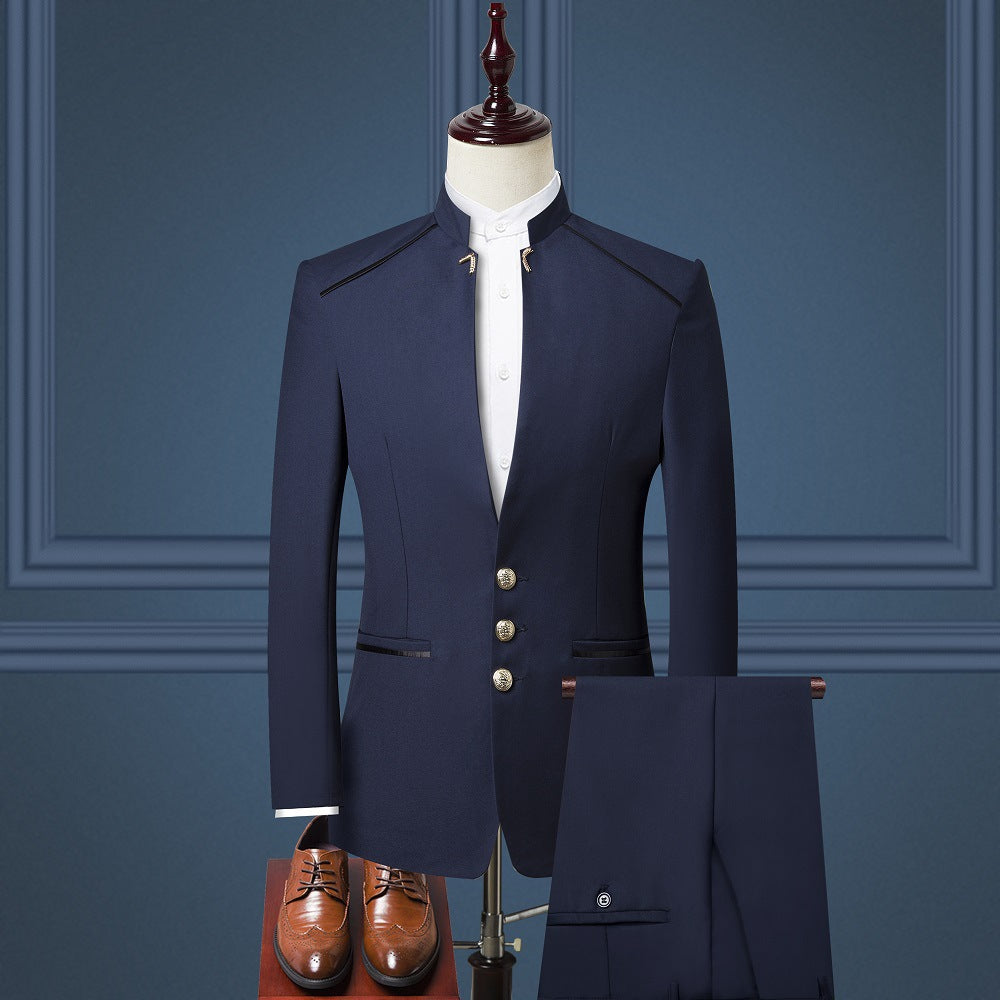 Men's British Style Stand Collar Three-Piece Suit – Modern Tailored Suit for Formal & Business Wear.








