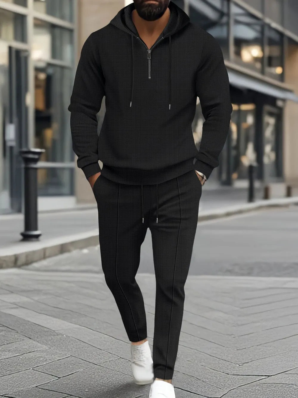 Men’s Full Size Waffle-Knit Hoodie and Jogger Pants Set – Casual Lounge Tracksuit

