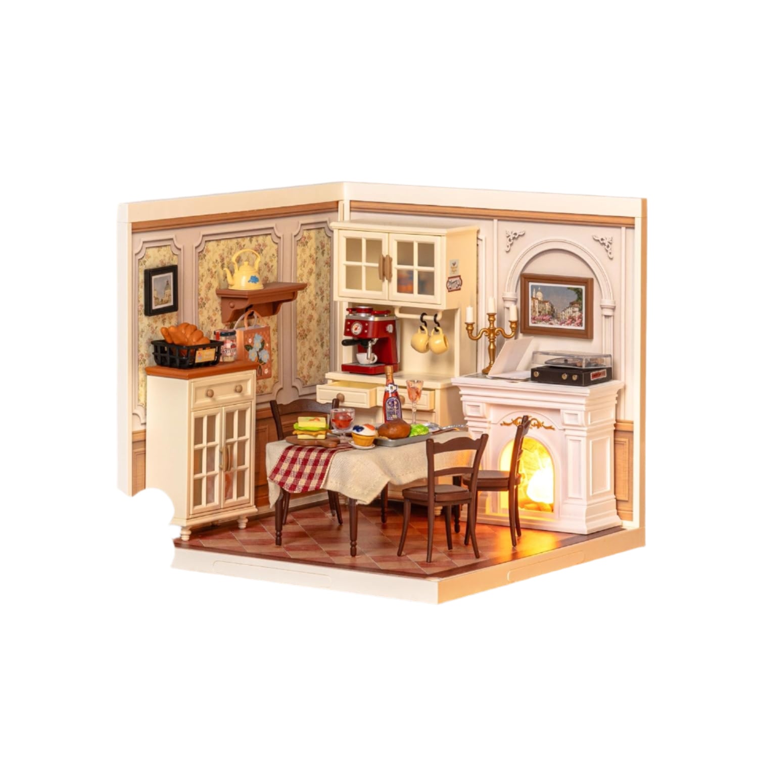 ROBOTIME DIY Miniature House Kit – Warm Dining Room model with furniture, lights, and accessories as a cozy handcrafted dollhouse gift for adults and kids.








