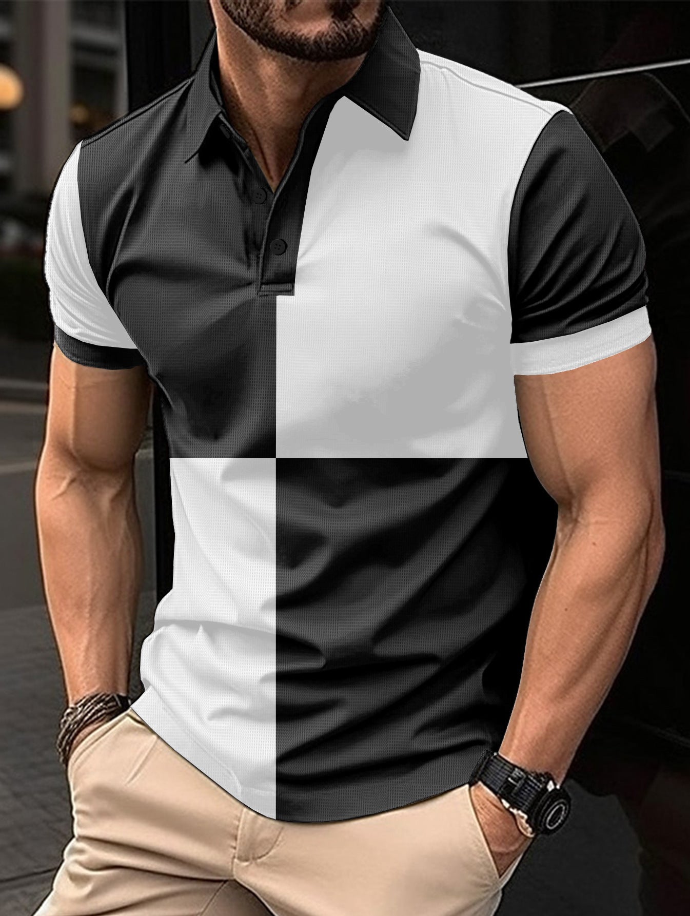 “Casual sports short sleeve color stitching turnover neck polo shirt – men’s modern polo with contrast panels, perfect for active lifestyles and everyday comfort – Hot Deal Warehouse menswear”

