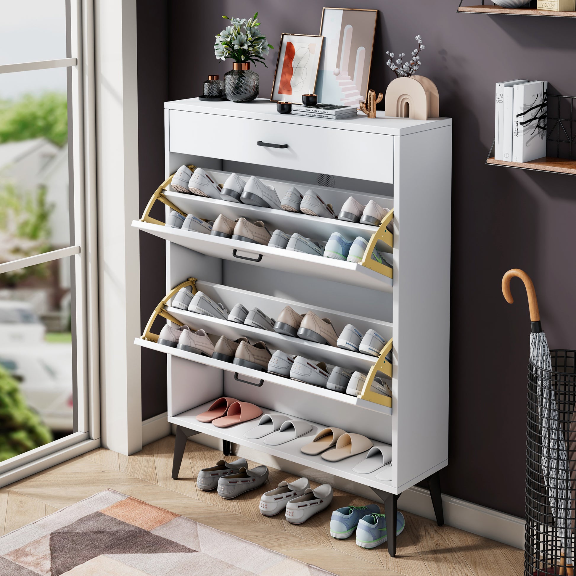 White shoe cabinet with open shelves and metal legs