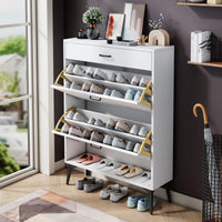 White shoe cabinet with open shelves and metal legs