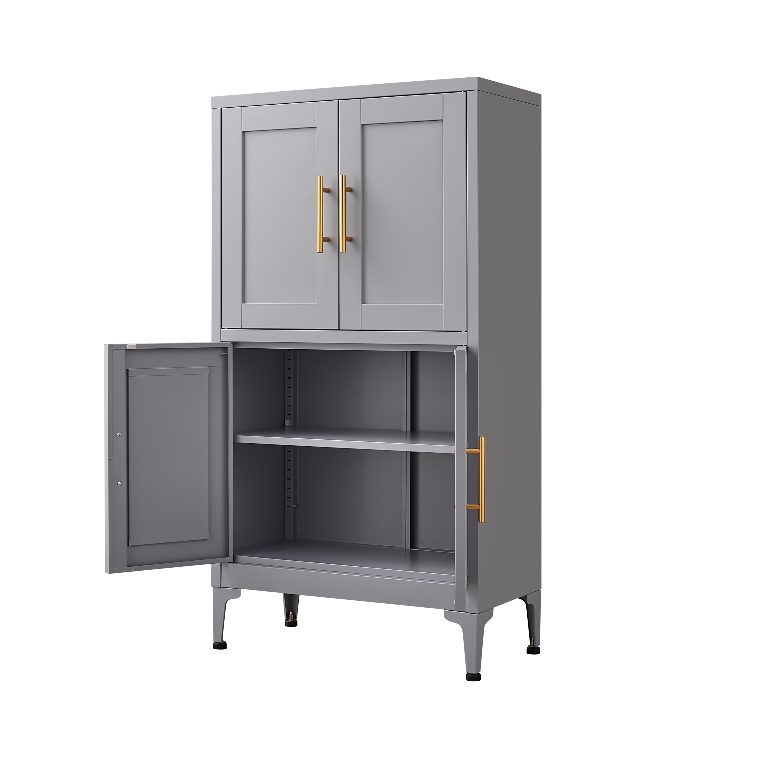 Grey metal kitchen storage cabinet with door and adjustable shelf in a modern kitchen