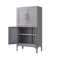 Grey metal kitchen storage cabinet with door and adjustable shelf in a modern kitchen