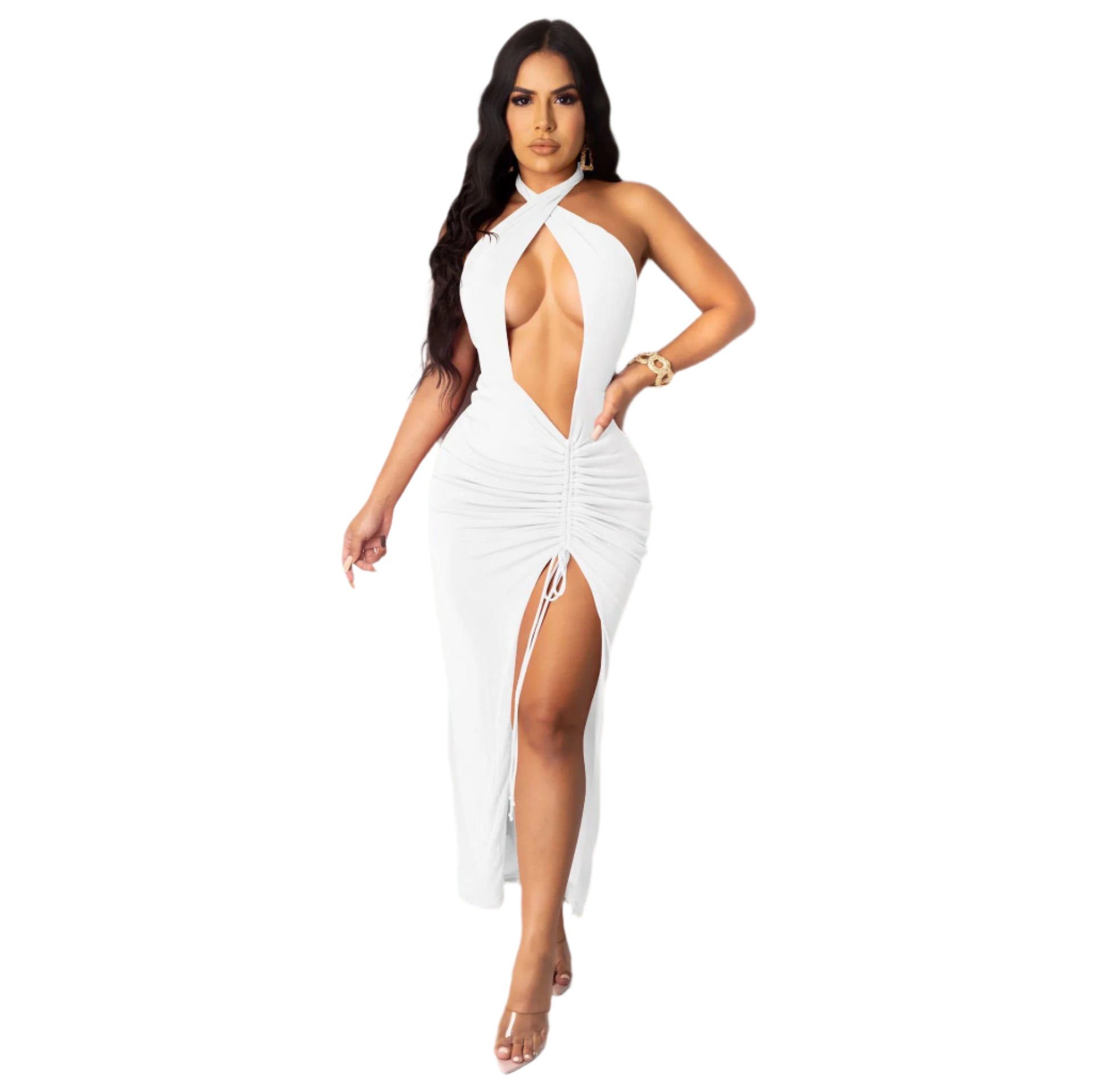 Sexy slim pleated high slit dress, elegant evening wear for women.

