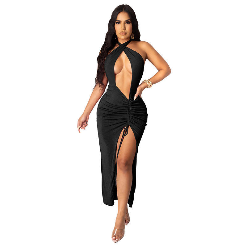 Sexy slim pleated high slit dress, elegant evening wear for women.


