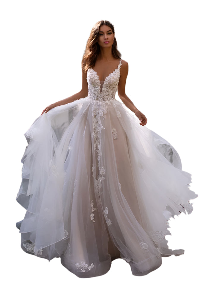 Elegant slim-fit wedding dress with a deep V-neckline, delicate suspender straps, and airy lightweight fabric, ideal for modern brides.

