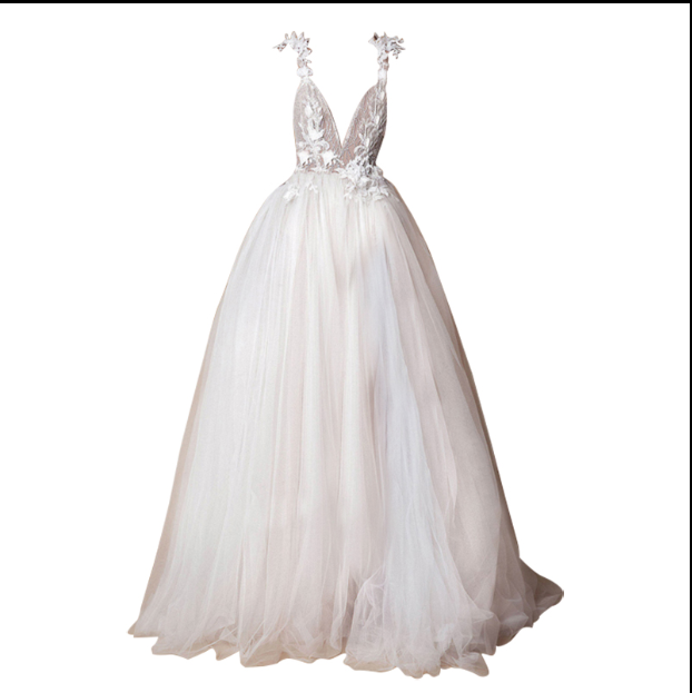 Elegant angel-style wedding dress with diamond lace collar, high slit, open back, and flowing bridal tail, perfect for a modern and romantic bride.

