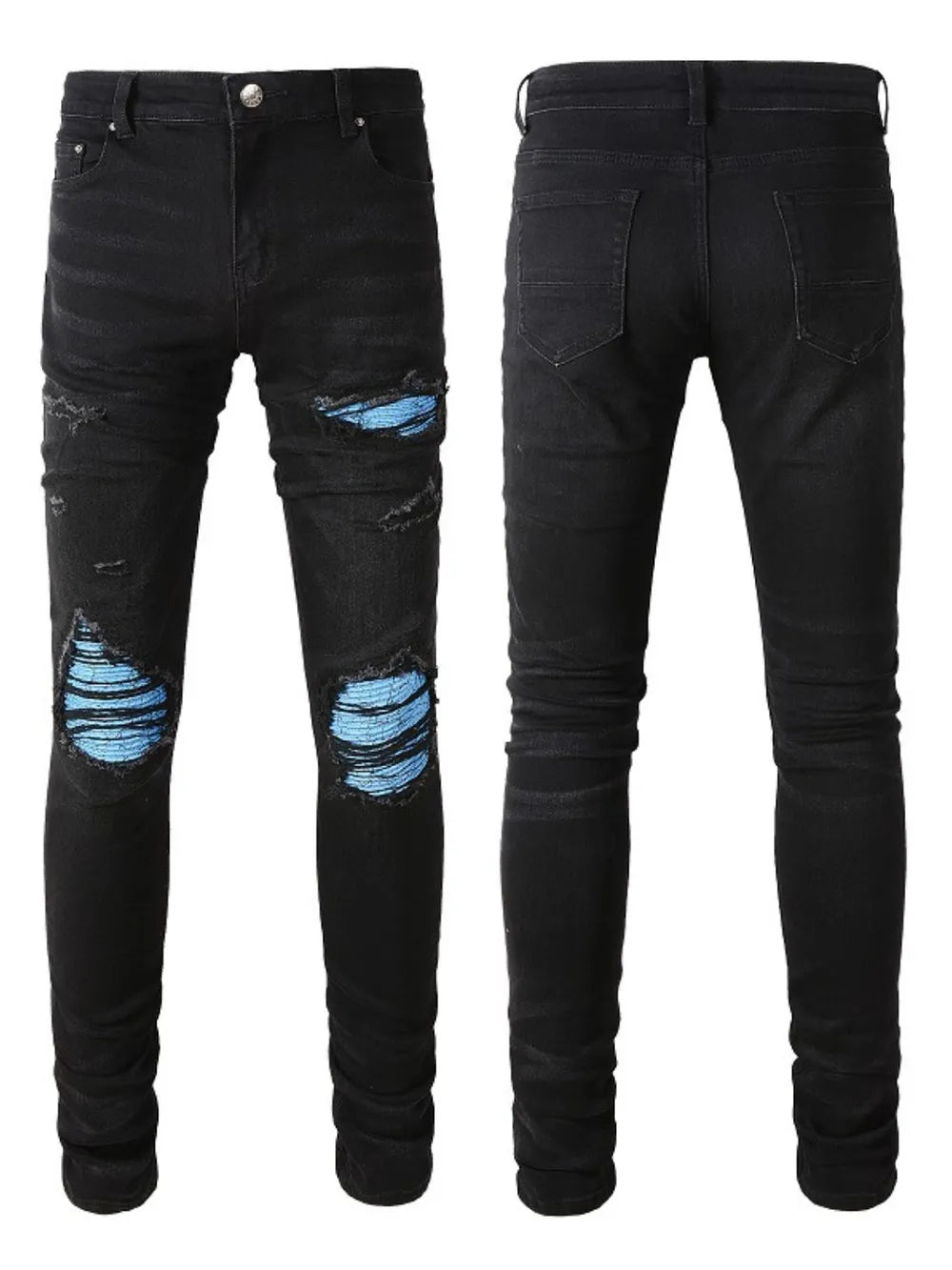 Men’s distressed skinny jeans in stretch denim with ripped detailing.

