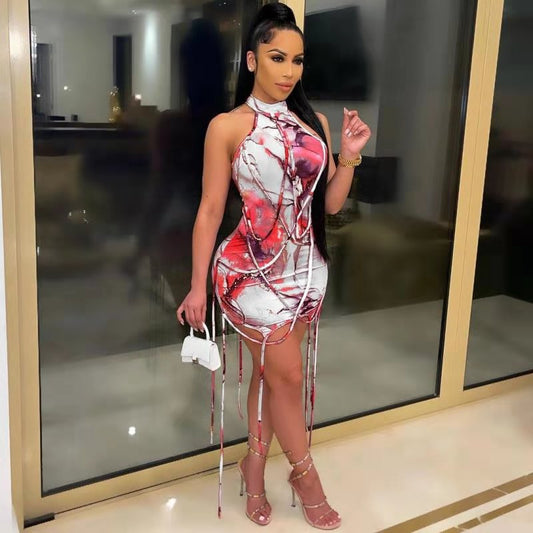 Women's casual printed dress with rope decoration, stylish summer fashion.

