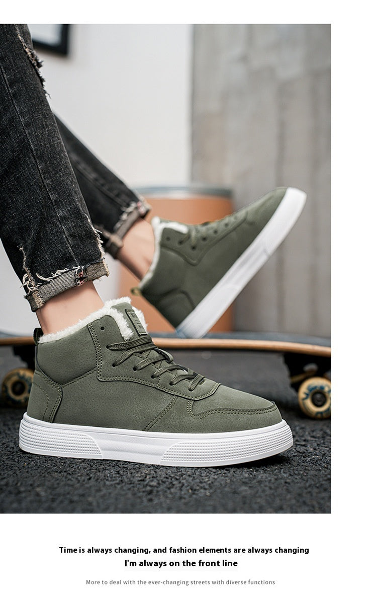 Plus size men’s high-top winter fleece-lined casual sports cotton shoes in neutral tones.

