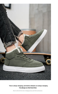 Plus size men’s high-top winter fleece-lined casual sports cotton shoes in neutral tones.

