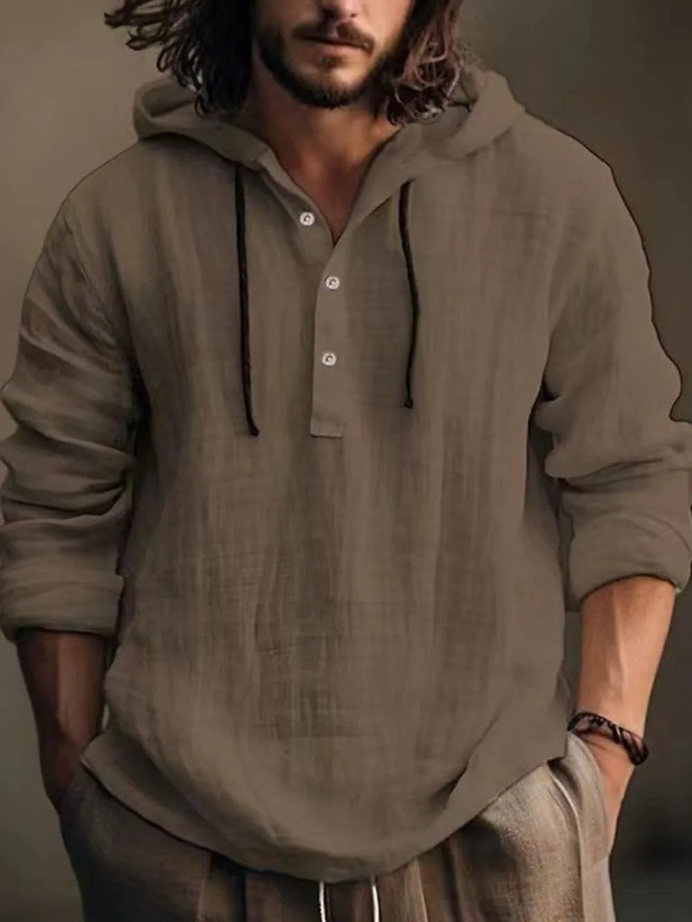 Men’s full size half-button hoodie with long sleeves, front view

