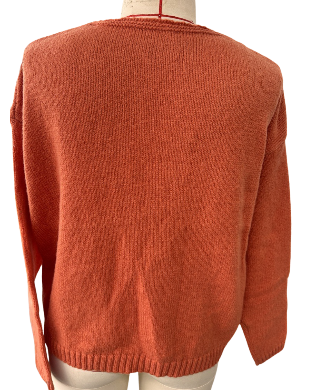 A rust-orange knit sweater displayed on a mannequin torso, showing the back view against a plain white background.