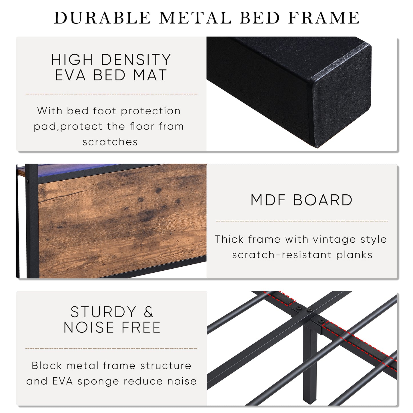 Full-size bed frame with LED headboard, drawers, and charging ports