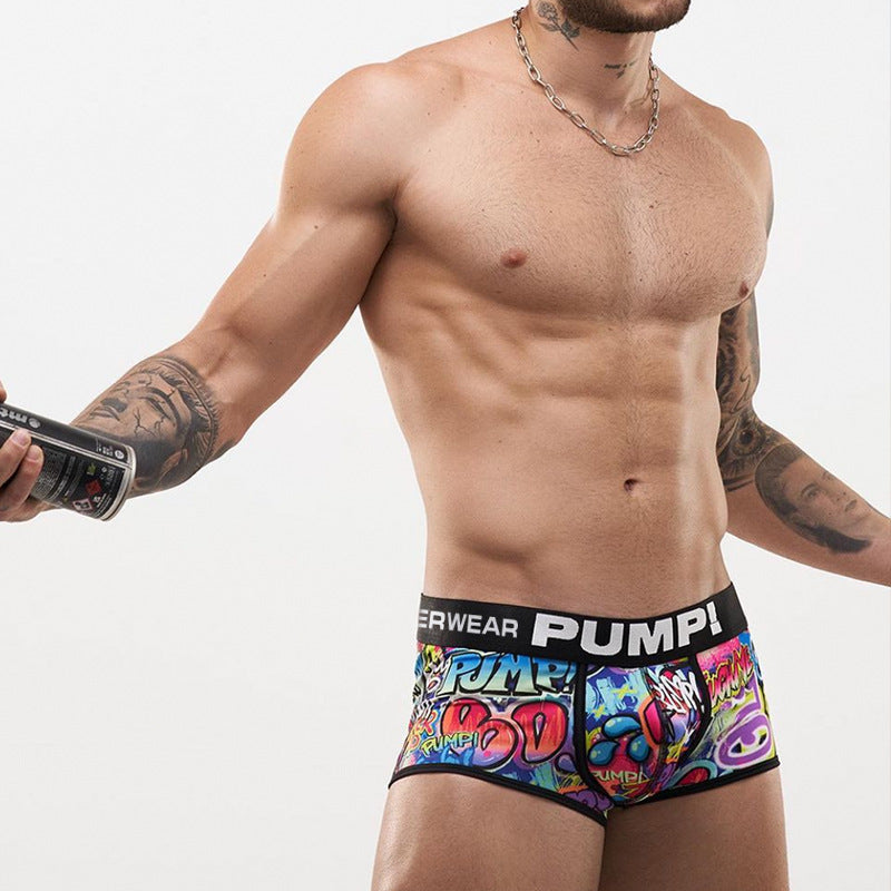Street graffiti style British men’s pouch boxers with breathable nylon fabric

