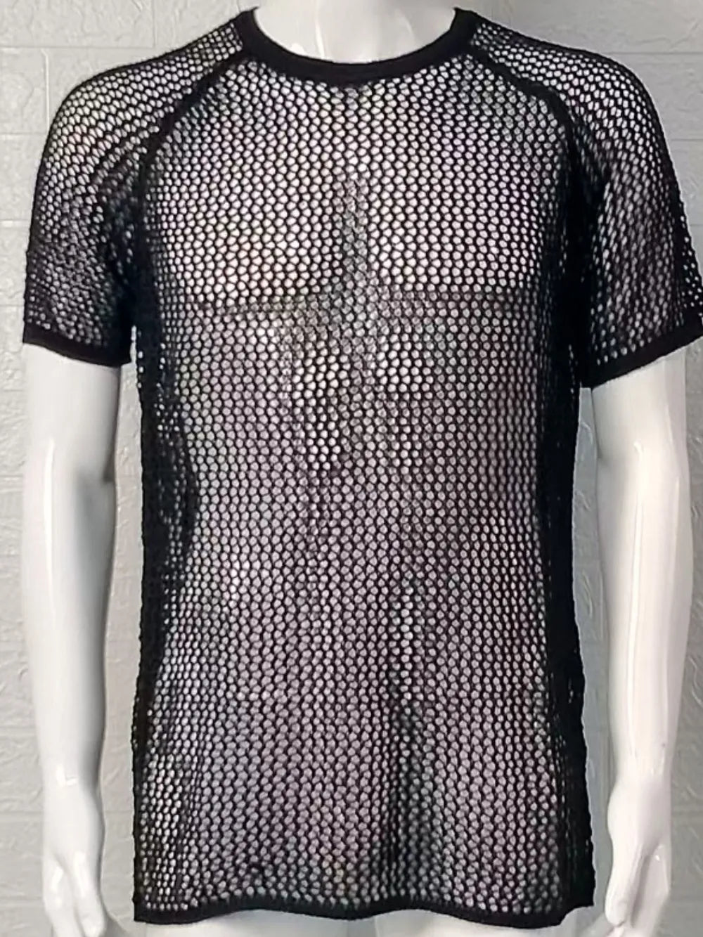 Men's openwork short sleeve t-shirt with round neck, front view

