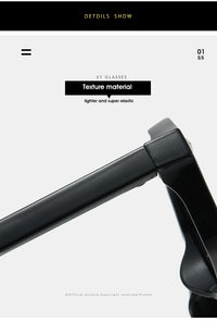 Close-up detail shot of a black XX Glasses frame arm and hinge, with text reading 'TEXTURE material' and 'lighter and super elastic' on a light gray background.