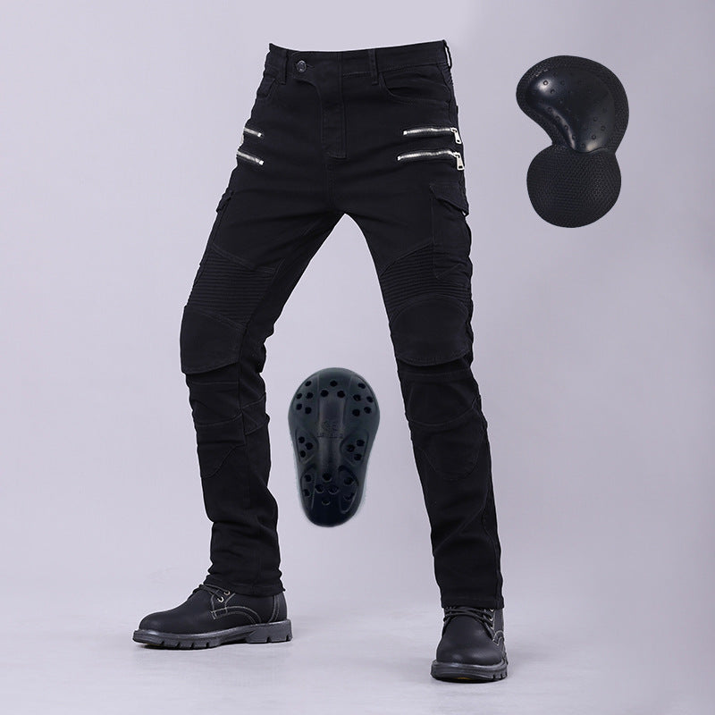 Men’s motorcycle riding jeans with reinforced knee and hip protection, durable denim, and a stylish biker design.