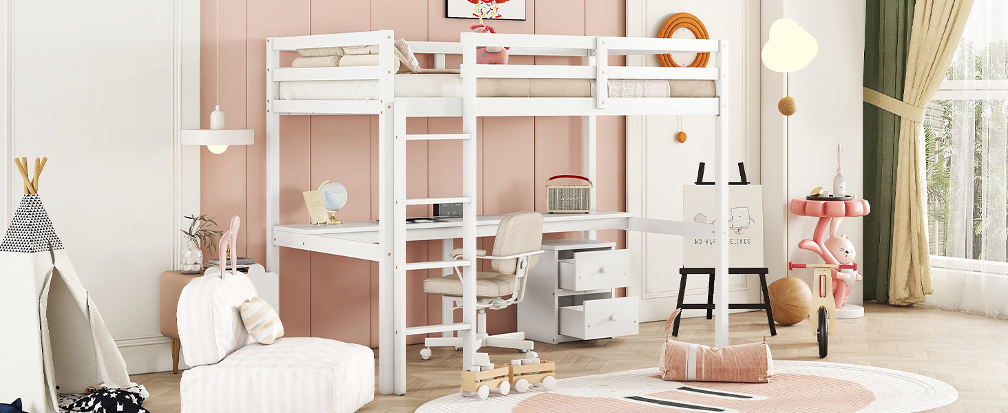 Full view of white twin loft bed with built-in desk and drawers underneath

