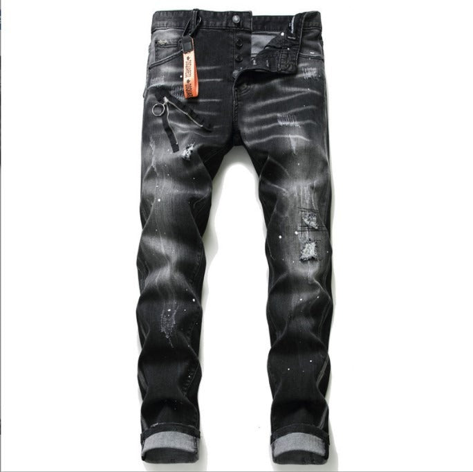 Men’s black and gray distressed jeans with torn holes and zipper decoration.

