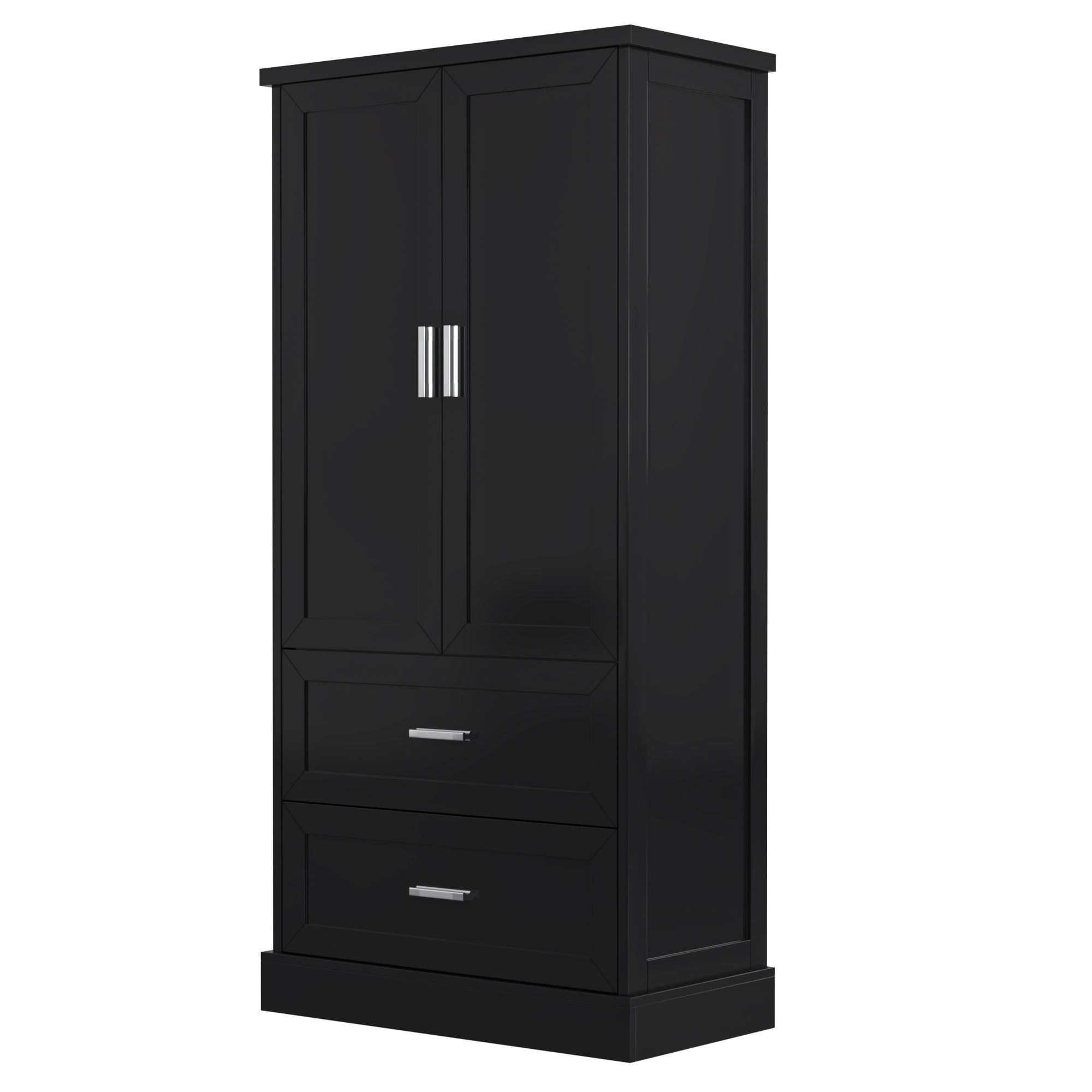 Tall black bathroom storage cabinet with doors and drawers