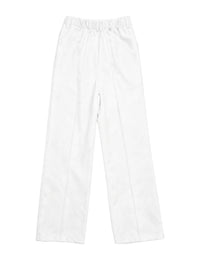 White wide-leg trousers with an elastic waistband, shown flat against a white background.