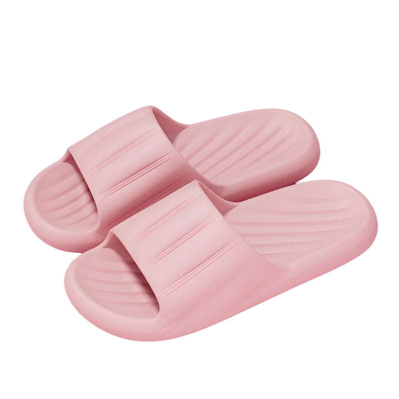 Unisex striped home slippers with thick soles and non-slip bottoms in solid colors.

