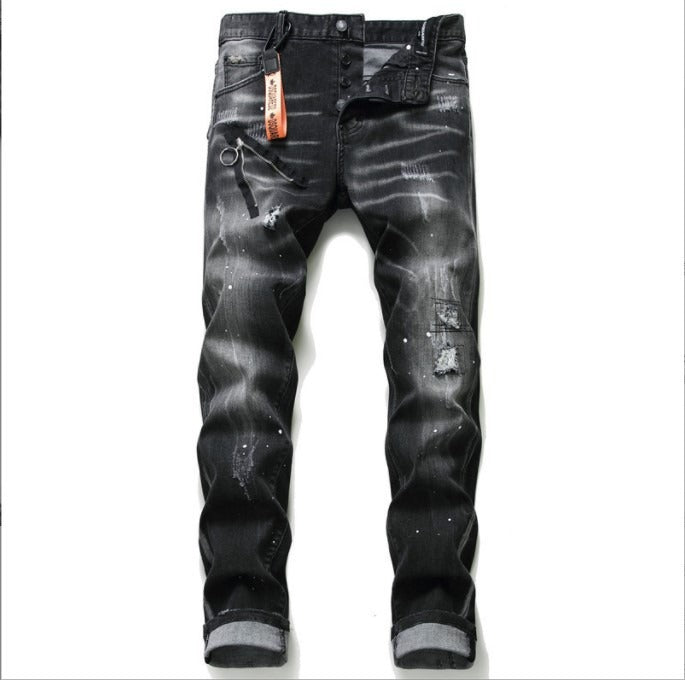 Men’s black and gray distressed jeans with torn holes and zipper decoration.


