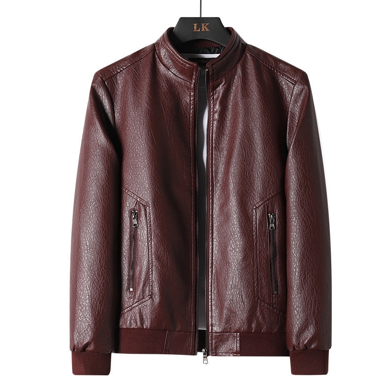 Plus Size Men's Simplicity Leather Coat – Black PU leather jacket with a sleek zipper closure, offering comfort and style for all body types.








