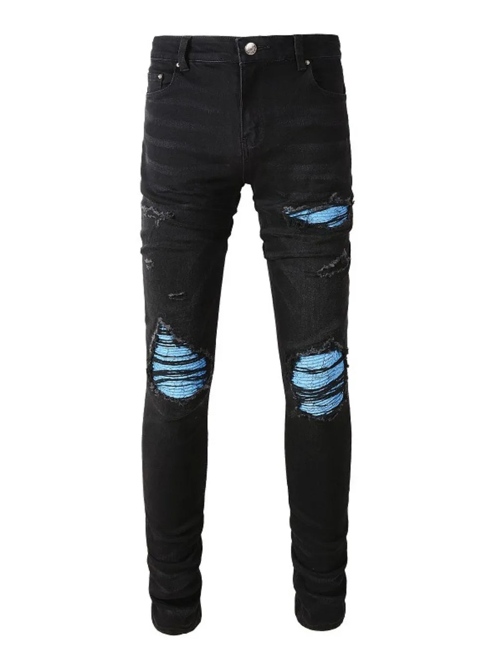 Men’s distressed skinny jeans in stretch denim with ripped detailing.

