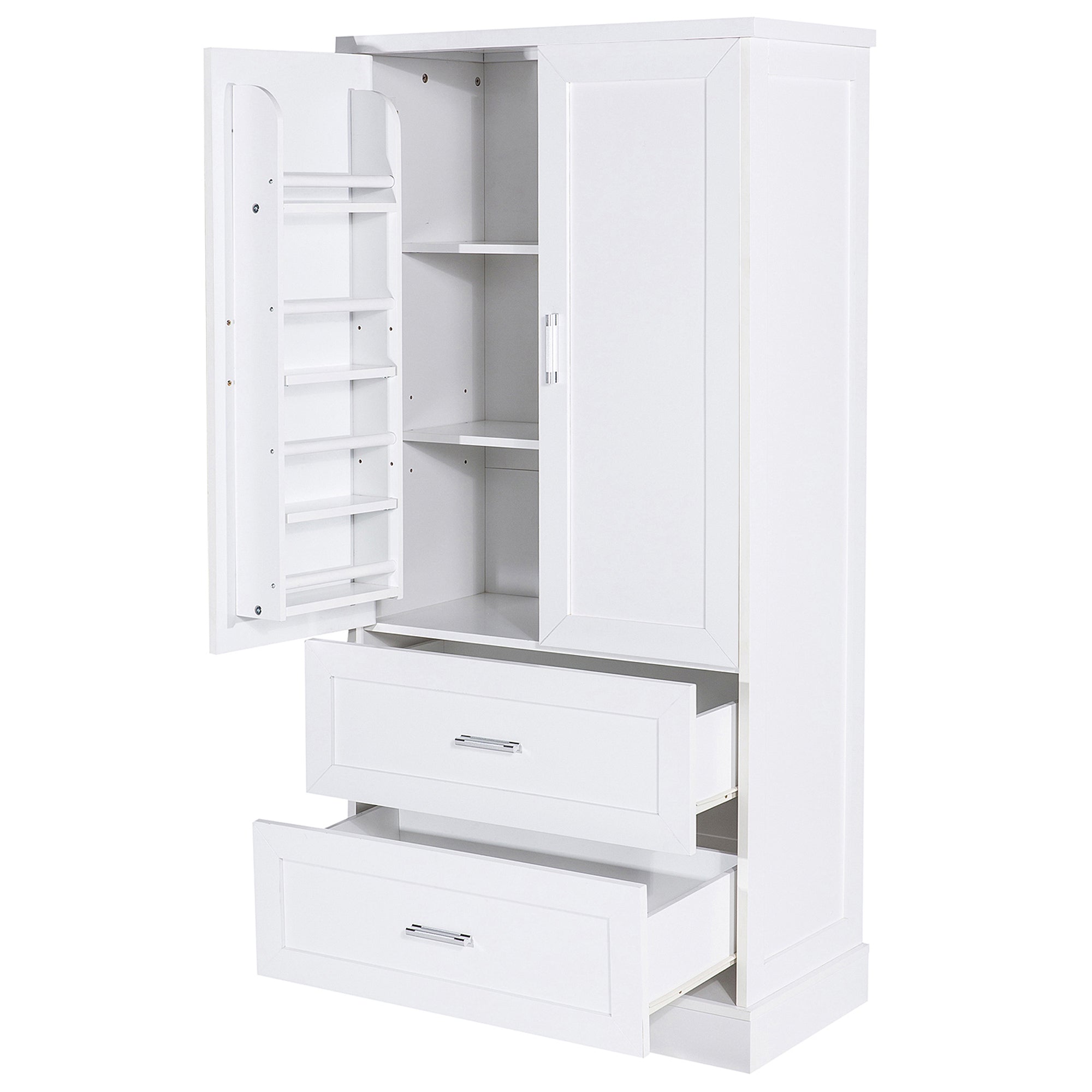 Tall white bathroom cabinet with drawers and double doors