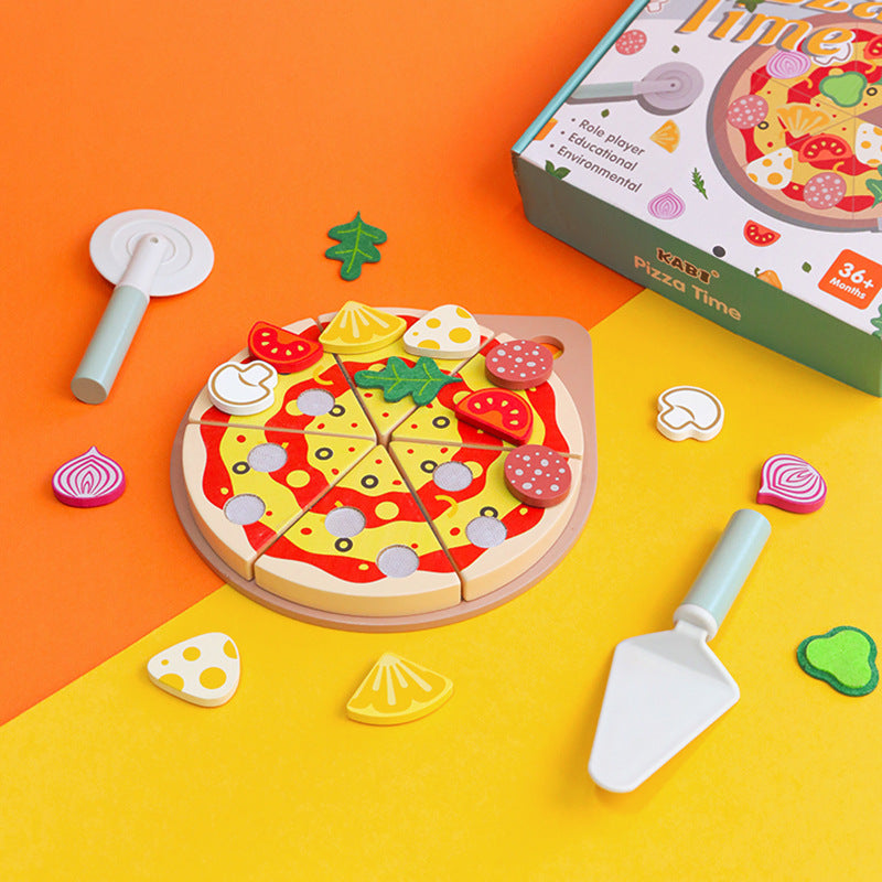 Children's wooden play kitchen set with pizza, fruits, and vegetables


