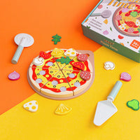 Children's wooden play kitchen set with pizza, fruits, and vegetables

