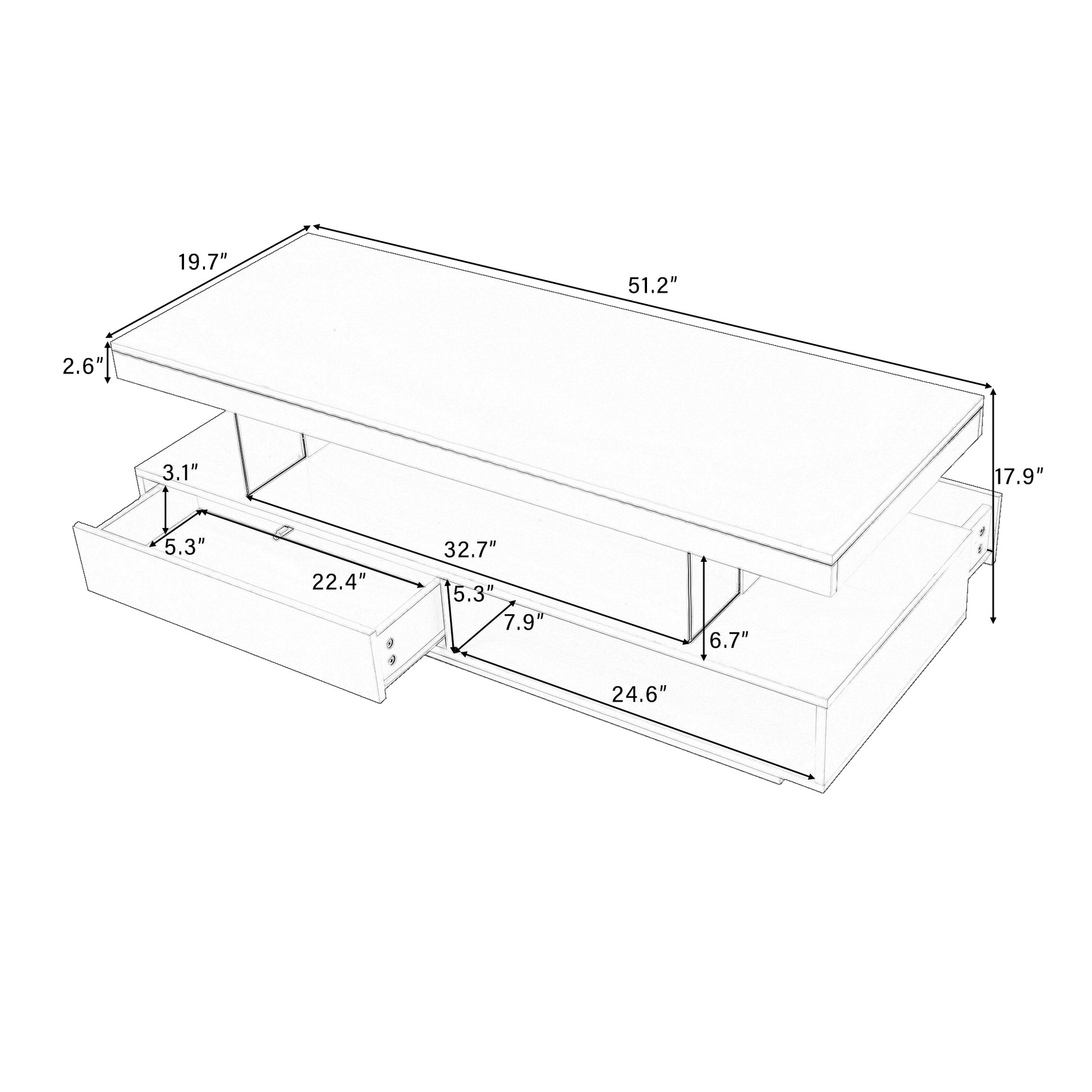 U-Can black LED coffee table with drawers and display shelf