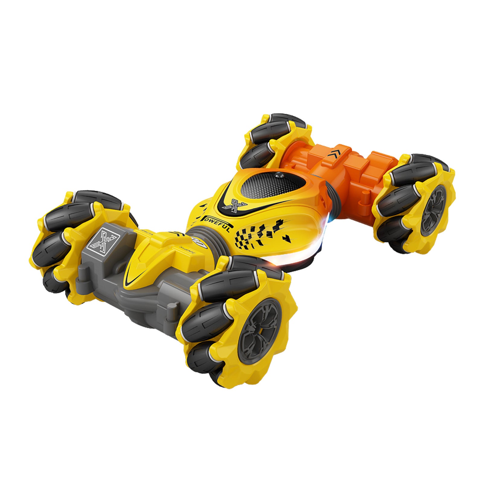 Gesture-controlled RC transforming stunt car with watch remote and double-sided climbing action.








