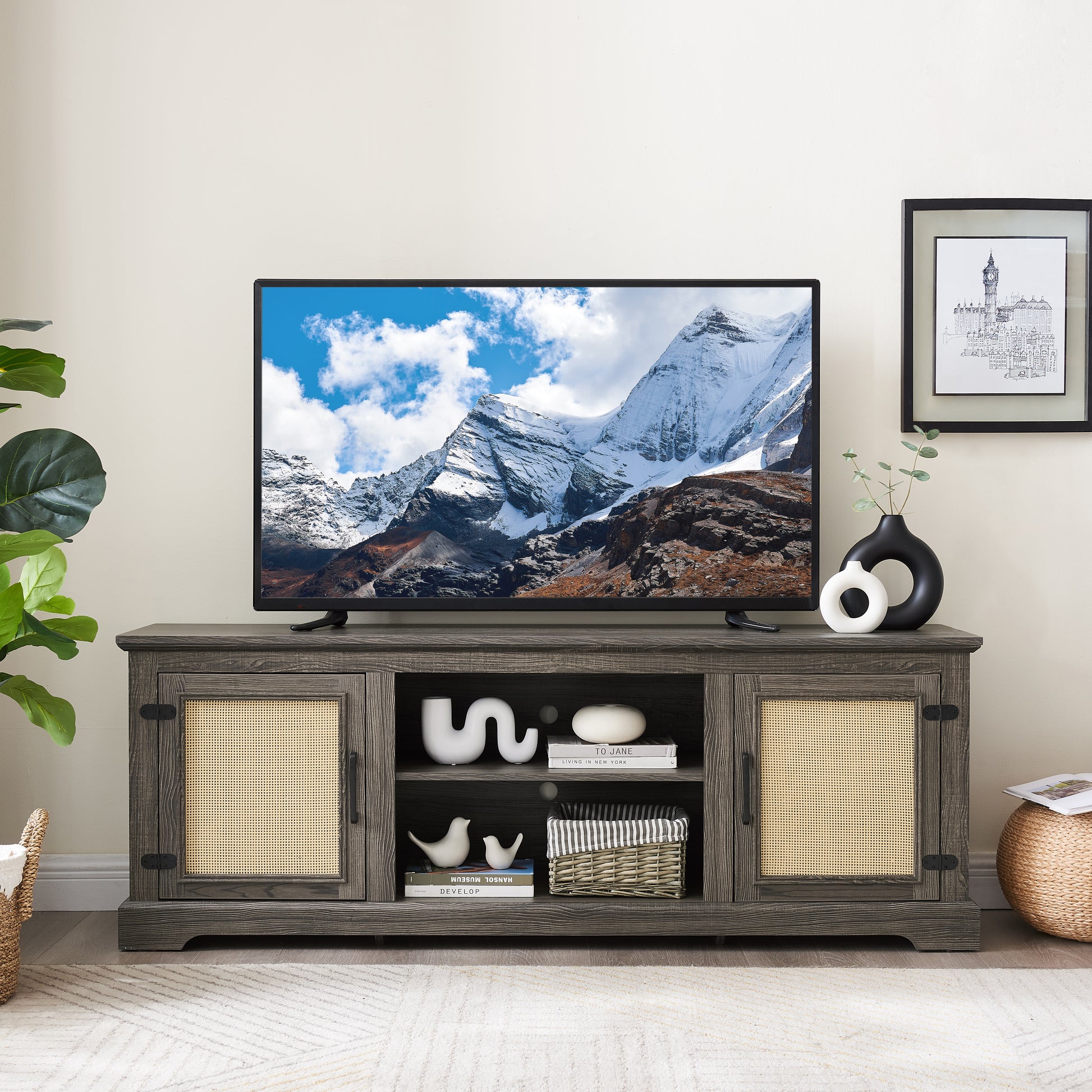 Gray TV stand with rattan doors and shelves for storage