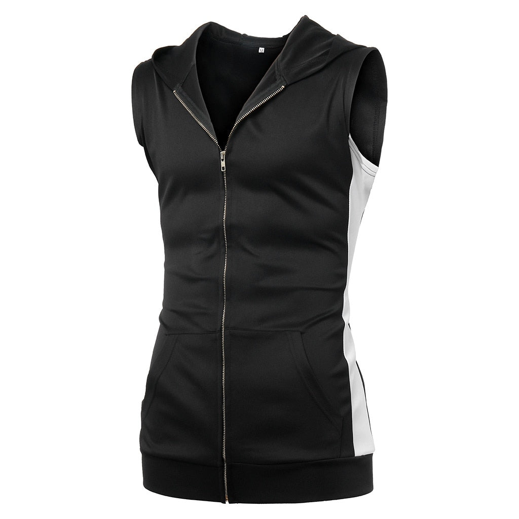 "Men’s zipper splicing sports hooded vest featuring a stylish, color-block design. Made from breathable, moisture-wicking fabric, the vest includes a front zipper closure, adjustable hood, and a fitted cut, ideal for workouts or casual athleisure wear."